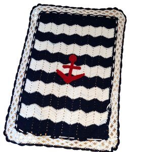 Small Crochet Blanket Throw 30" x 46" Red White Blue Anchor Nautical Sailor